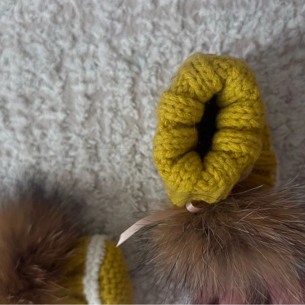 Cozy Mustard Knit Baby Booties with real Fur Pom